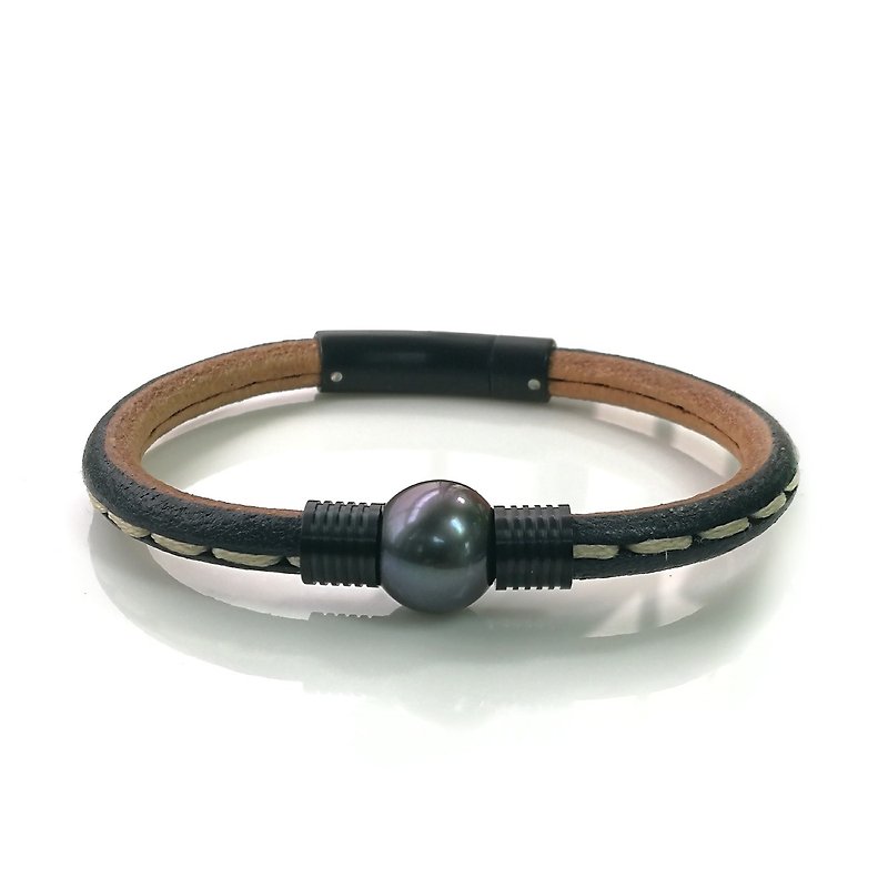 Men's Bangle-Leather- Tahitian Pearl with Leather Bangle - Bracelets - Pearl Black