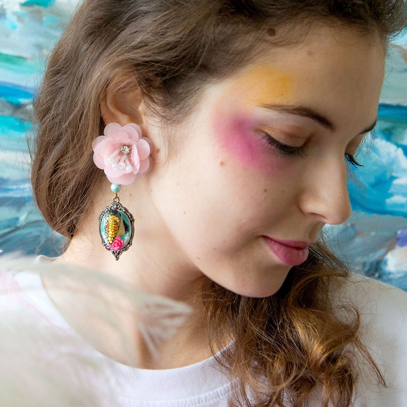 TIMBEE LO pink sequin flower toucan parrot earrings colorful Swarovski crystal Stone - Earrings & Clip-ons - Plastic Pink