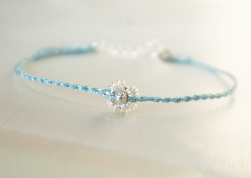 925 sterling silver daisy-hand-woven-lucky bracelet-light silver gray blue - Bracelets - Sterling Silver Blue