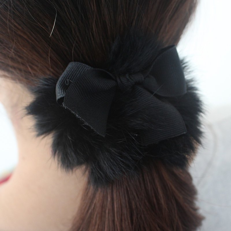 Black Rabbit Fur hair scrunchy  Band Pony Tail Holder  - Hair Accessories - Polyester Black