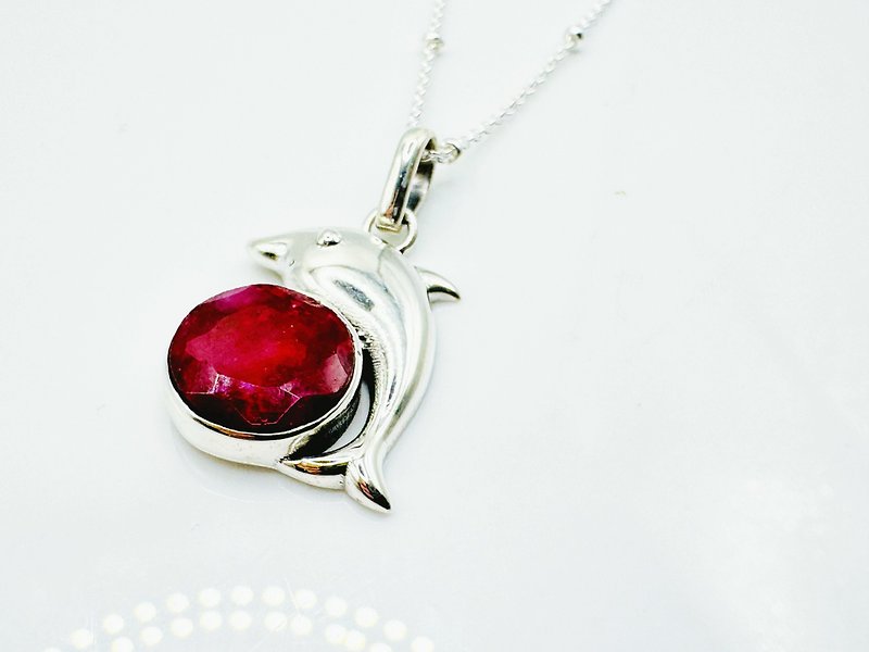 Ruby dolphin silver necklace - Necklaces - Gemstone Red