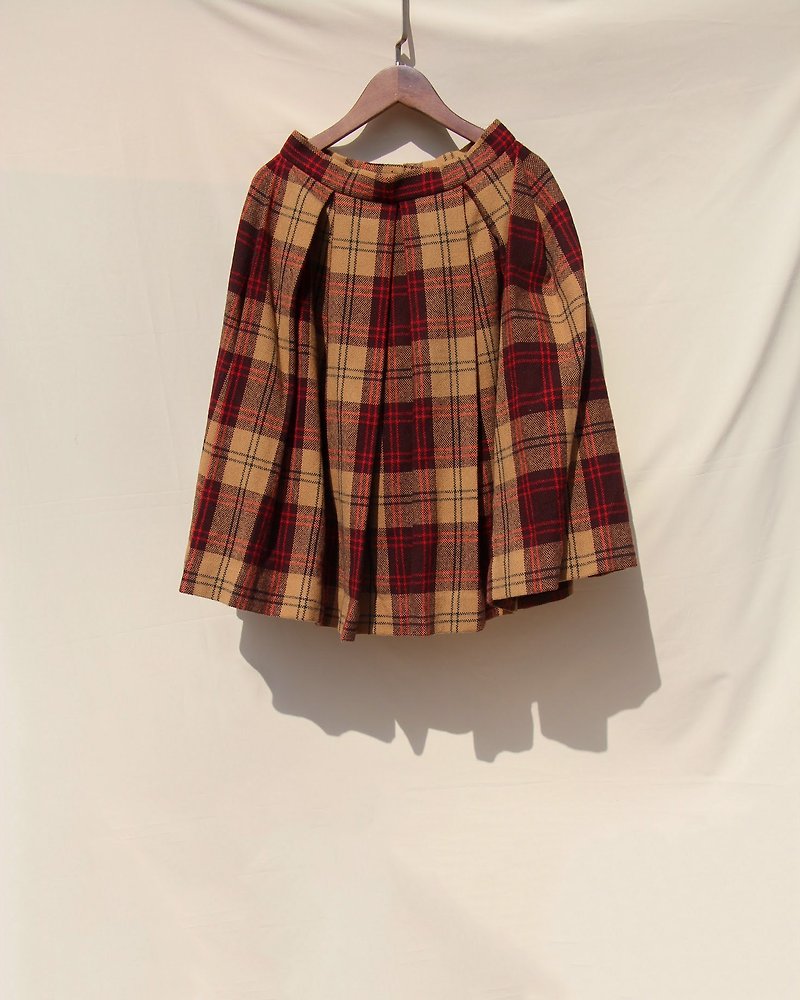 (VINTAGE/UNIQUE) Brown/red check pleated midi skirt - Skirts - Polyester Brown