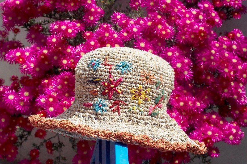 Valentine's Day limited edition hand-woven cotton Linen cap / knit cap / hat / visor / hat / straw hat - Boho rainbow embroidered flowers forest wind (mixed color orange) - Hats & Caps - Cotton & Hemp Multicolor