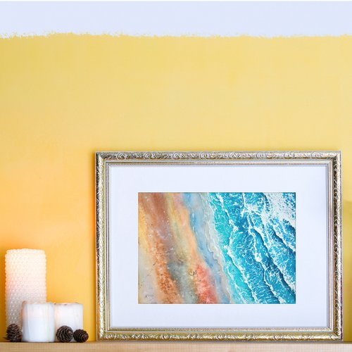 海岸の風景 水彩画 フレーム付き 海の風景 オリジナルの水彩画 海岸の風景のアートワーク 海の