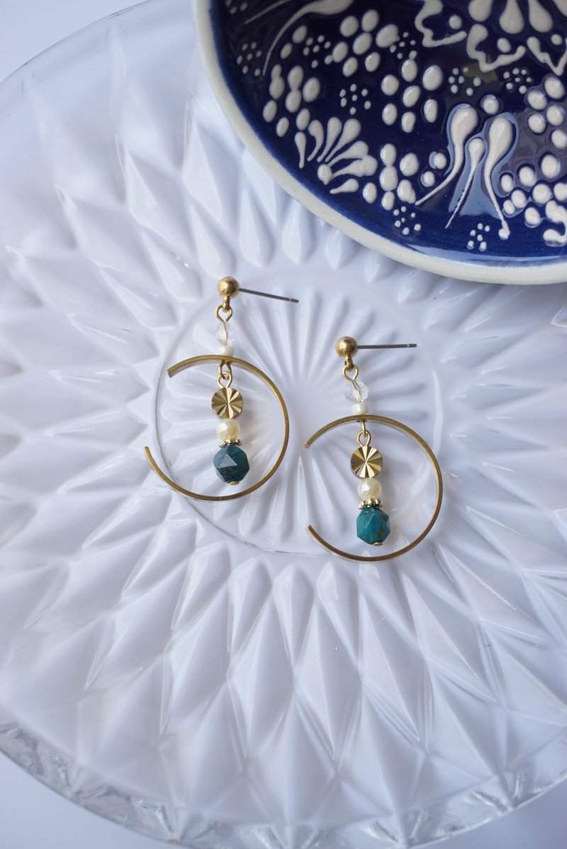 Blue tiger eye-ring star and moon-semi- Gemstone Bronze earrings - Earrings & Clip-ons - Precious Metals Blue