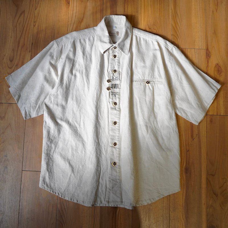 About vintage. LANDHAUS Tyrolean Shirt Tyrolean shirt embroidered iron short sleeves - เสื้อเชิ้ตผู้ชาย - ผ้าฝ้าย/ผ้าลินิน ขาว