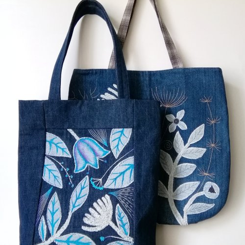 女性用デニムトートバッグ：手作りのボヘミアン風のユニークな刺繍入り