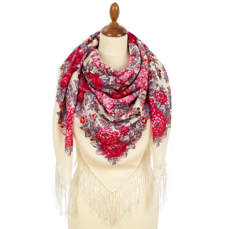 Pavlovo Posad Russian Shawl 100% Wool Scarf 125x125 cm Wrap Silk Fringe 2021-2 - 絲巾 - 羊毛 白色