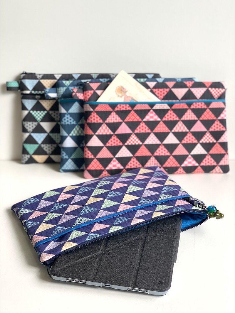 三角幾何格子立體織紋多功能收納包/ipad 平板保護 - 電腦袋 - 棉．麻 多色