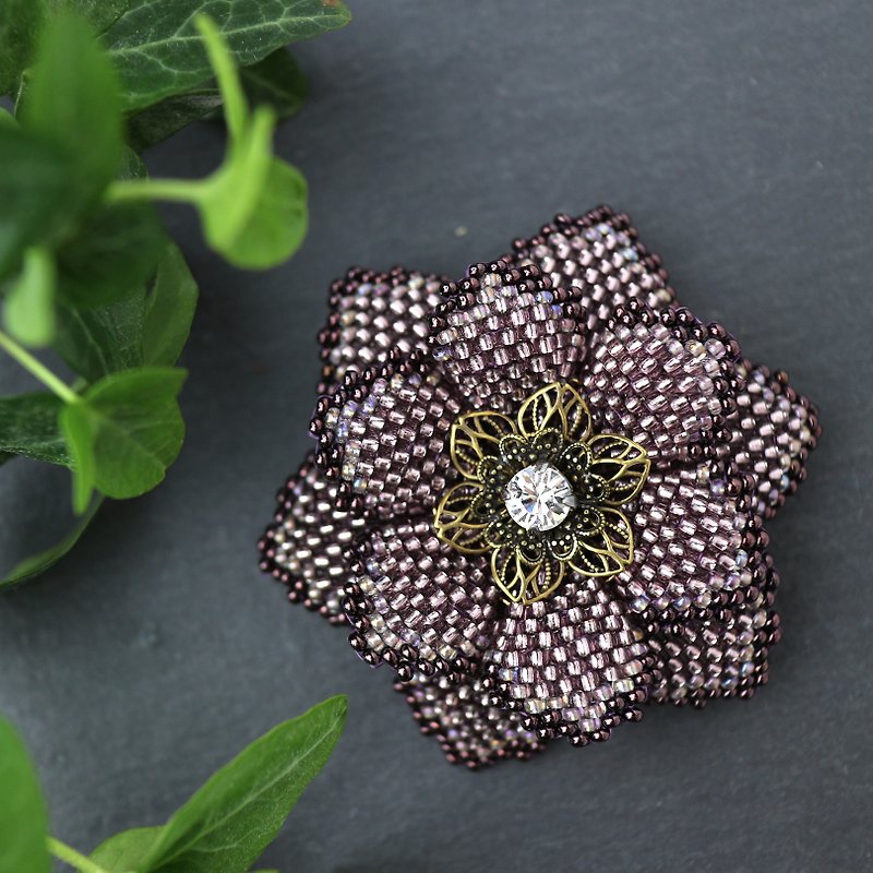 Beaded Flower Brooch (Purple) - Brooches - Glass Purple