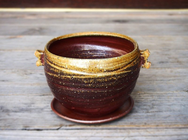 Bizen flower pot 【With saucer】 u-030 - Plants - Pottery Brown