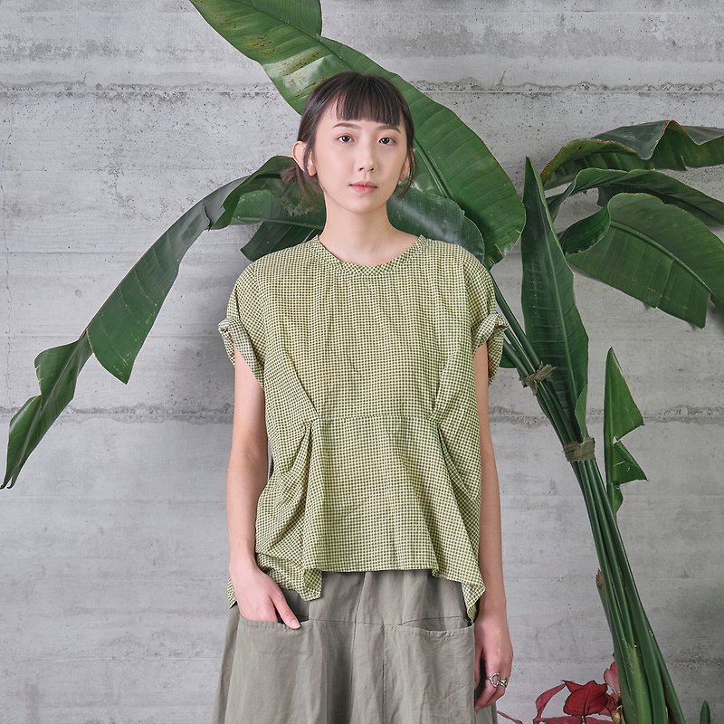 Photosynthesis pleated plaid top - เสื้อผู้หญิง - ผ้าฝ้าย/ผ้าลินิน สีเขียว