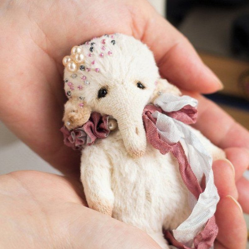 Handmade little artist plush white teddy bear elephant, friendship gift - Other - Other Materials White