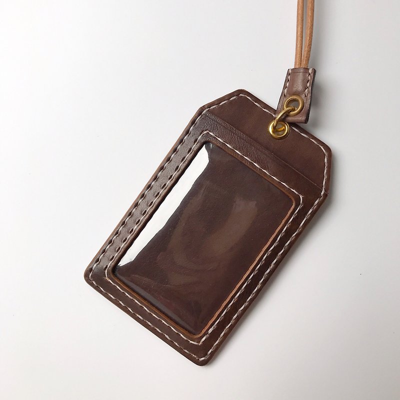 Leather Hand-made ID Card Holder - ที่ใส่บัตรคล้องคอ - หนังแท้ สีนำ้ตาล