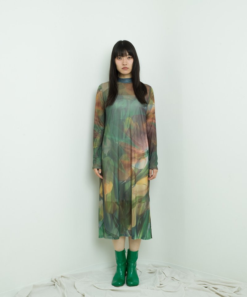 sheer flower print dress - 洋裝/連身裙 - 聚酯纖維 綠色