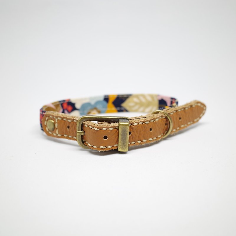Limited edition dog cat M fine line collar Japanese cloth + leather, forest / circus / basket white painted / rhombus, can be used with a rope, cute dog cat big cat are applicable - Collars & Leashes - Cotton & Hemp Multicolor