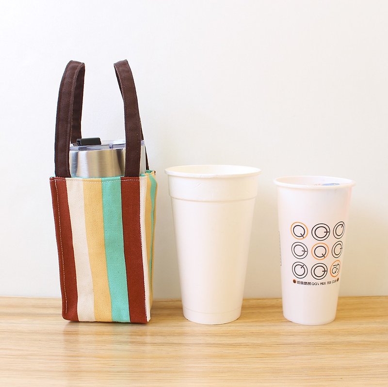 色彩粗條紋飲料提袋(大) 環保杯袋 冰霸杯袋 - 飲料提袋/杯袋/杯套 - 棉．麻 藍色