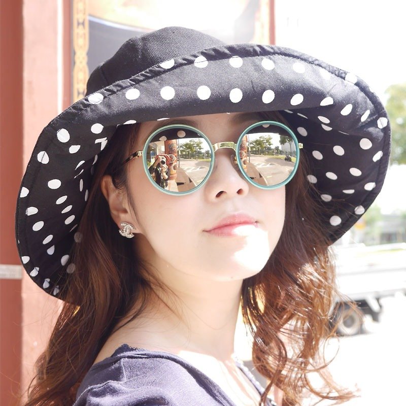 復古可逆寬邊太陽帽（太陽紫外線防護） - 帽子 - 聚酯纖維 黑色