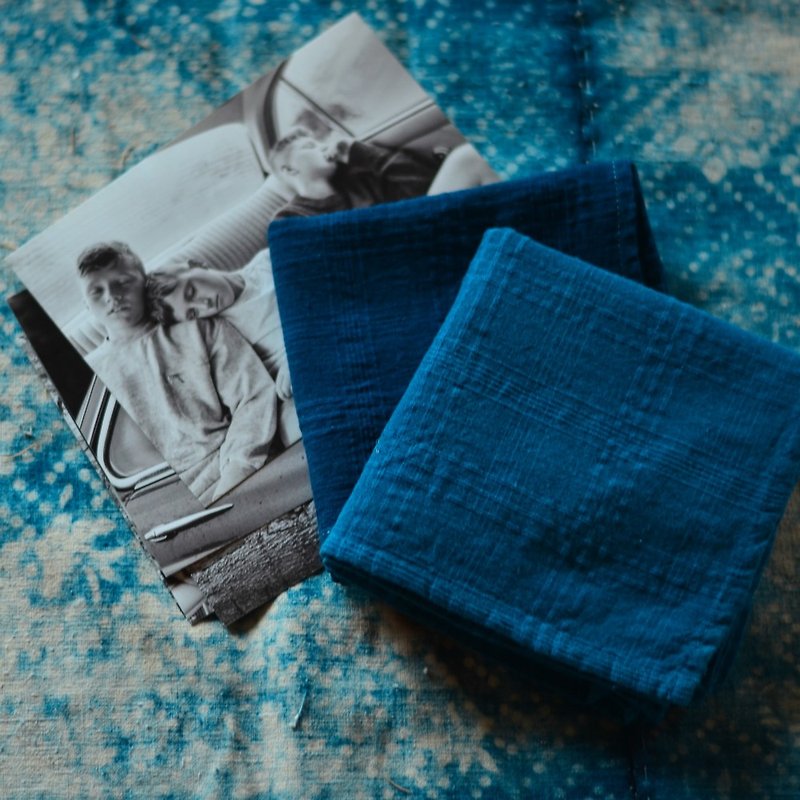 Blue | medium blue and dark blue original natural plant blue dyed cotton plain dark plaid handkerchief square towel - Other - Cotton & Hemp Blue