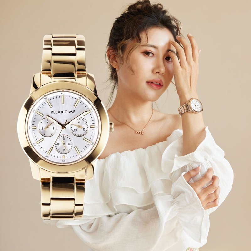 RELAX TIME三眼系列輕熟時尚(R0800-16-30)金X白 - 女錶 - 不鏽鋼 金色