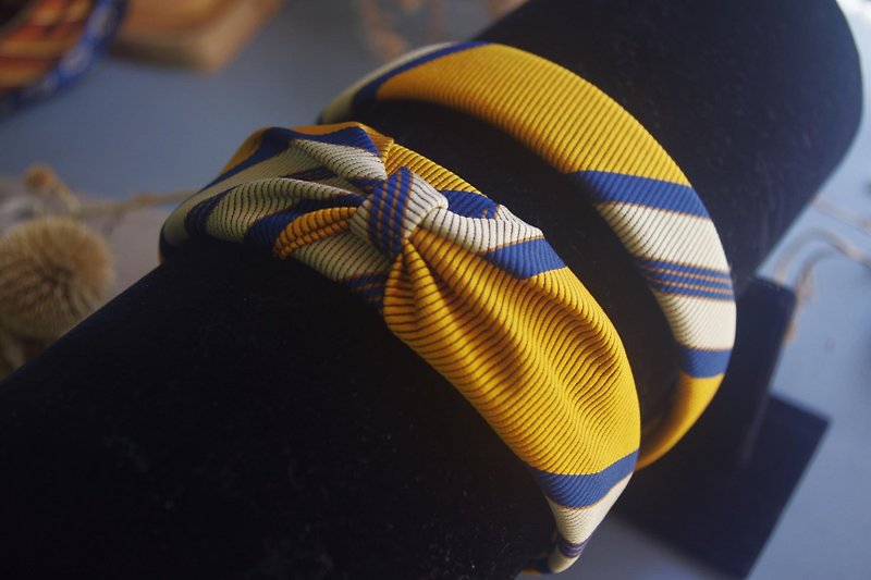 手作-古董布花領帶改造復古髮箍-學院芥黃-蝴蝶結款 - 髮飾 - 聚酯纖維 黃色