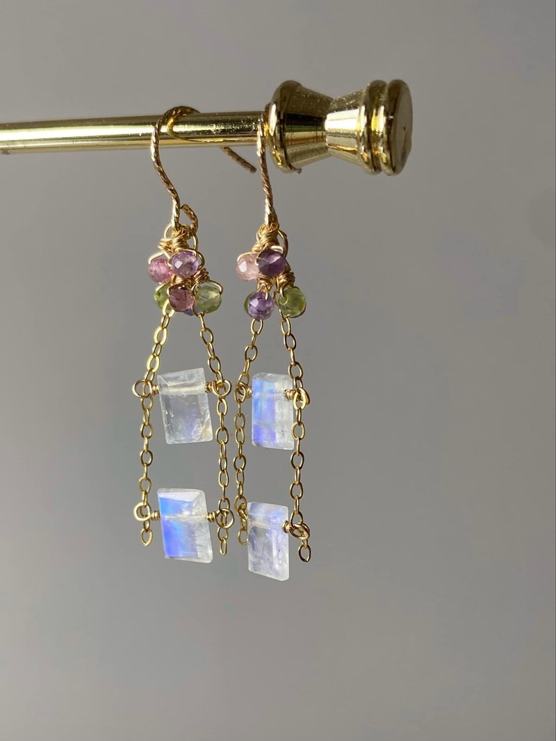 Blue light moonstone tourmaline Stone peridot 14K gold filled crystal earrings - ต่างหู - คริสตัล หลากหลายสี