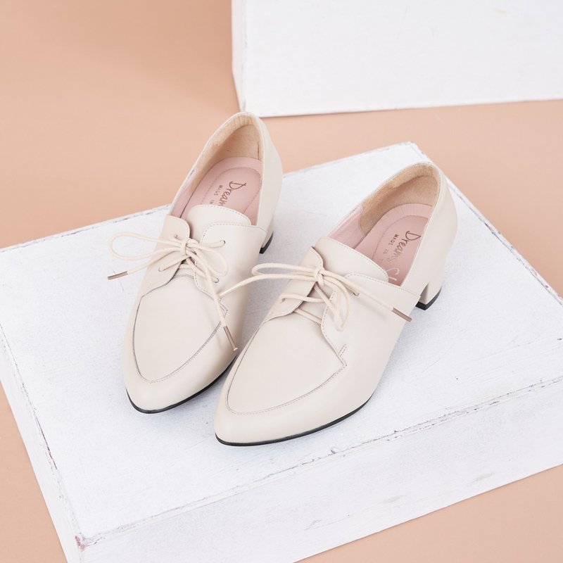 Wide last air cushion_simple strappy pointed toe low heel derby shoes beige - Women's Oxford Shoes - Genuine Leather White