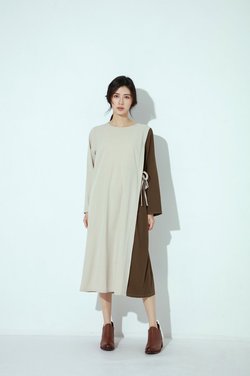 ムーンライトリバーサイドツートンサイドネクタイ長袖パッチワークドレス-ライン（M） - ワンピース - ポリエステル カーキ