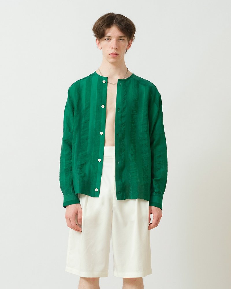 GRAINMUSTARD Striped Raglan Collarless Glossy Cardigan Draped Lazy Design Sense Senior Shirt Summer - Men's Coats & Jackets - Other Man-Made Fibers Green