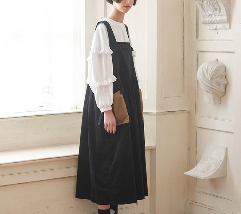 Black wick core suspender skirt - imakokoni - ชุดเดรส - ผ้าฝ้าย/ผ้าลินิน สีดำ