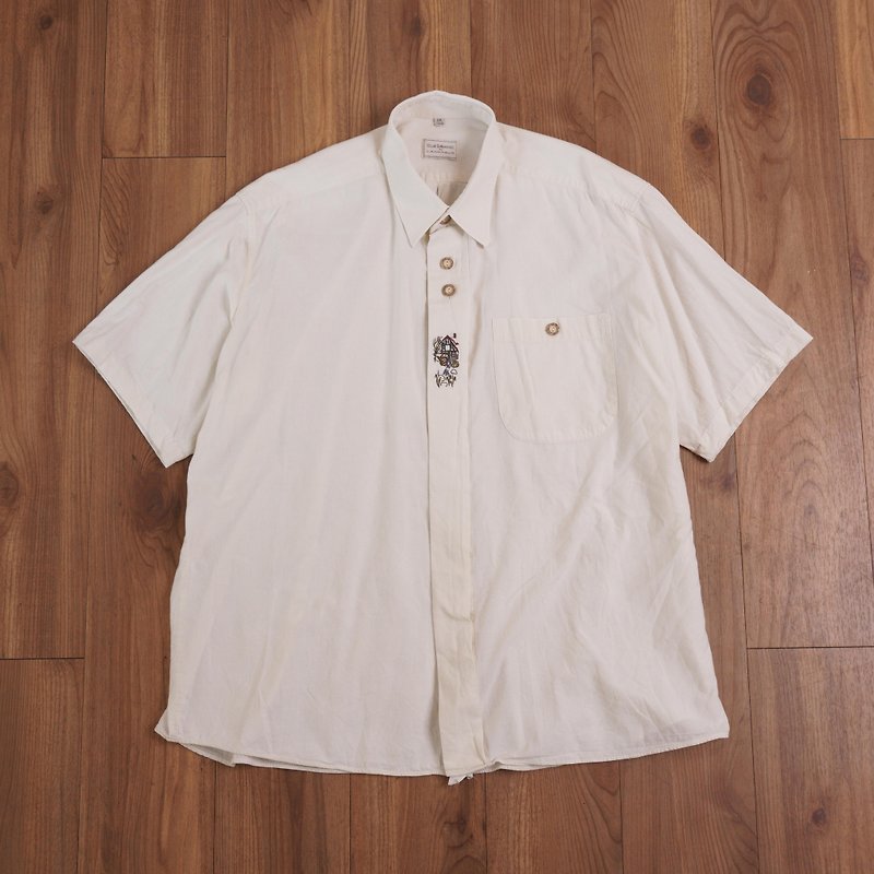 ABOUT vintage/selected items. CLUB D'AMINGO Embroidered Tyrolean Shirt Tyro - เสื้อเชิ้ตผู้ชาย - ผ้าฝ้าย/ผ้าลินิน ขาว