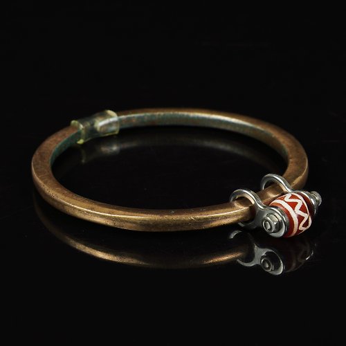 菩多佛教文物 緬甸古董千年銅合金開口款手環-手鐲-紅玉髓水紋珠