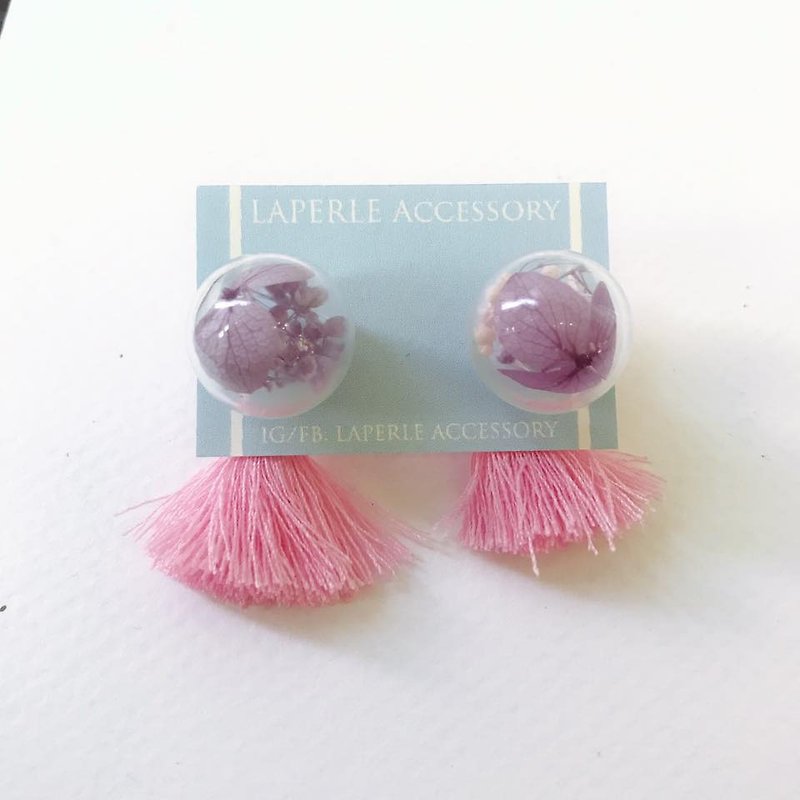 2 Ways Pastel Pink Purple  tassel Glass Ball Preserved Dry Flower Earrings Birthday gift Bridal shower bridesmaid Christmas - Earrings & Clip-ons - Glass Pink
