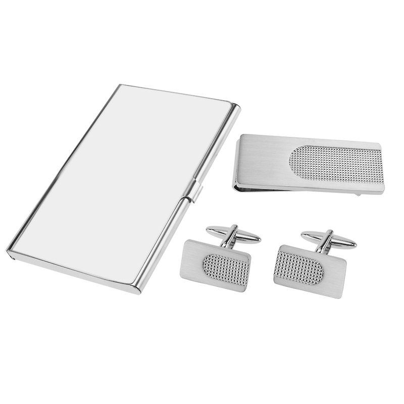 Brushed Silver and Polished Apex Cufflinks Money Clip and Card Holder Sets - กระดุมข้อมือ - โลหะ สีเงิน
