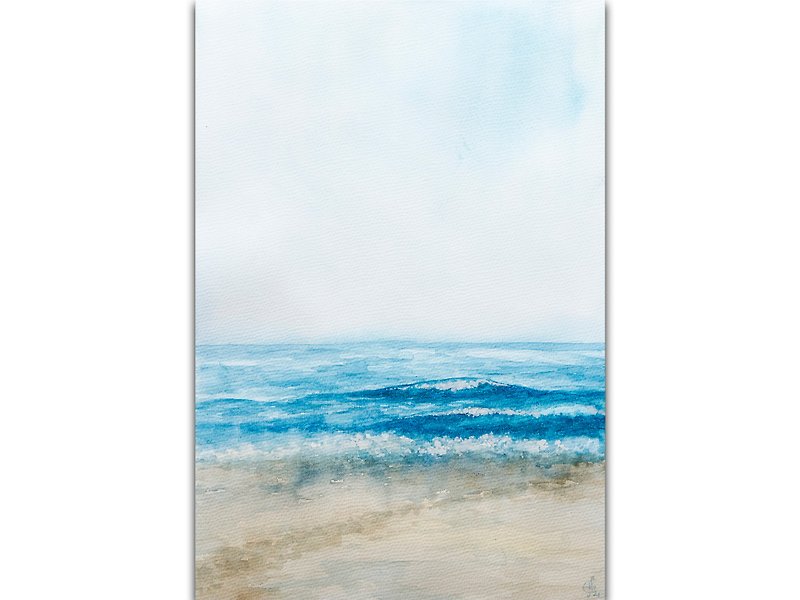 海景絵画ビーチオリジナルアート海水彩手描きの海の波 - ポスター・絵 - 紙 ブルー