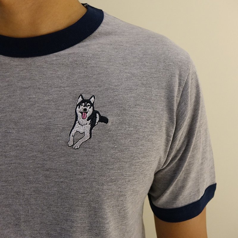 Scotch embroidery short T-shirt - Men's T-Shirts & Tops - Cotton & Hemp Gray