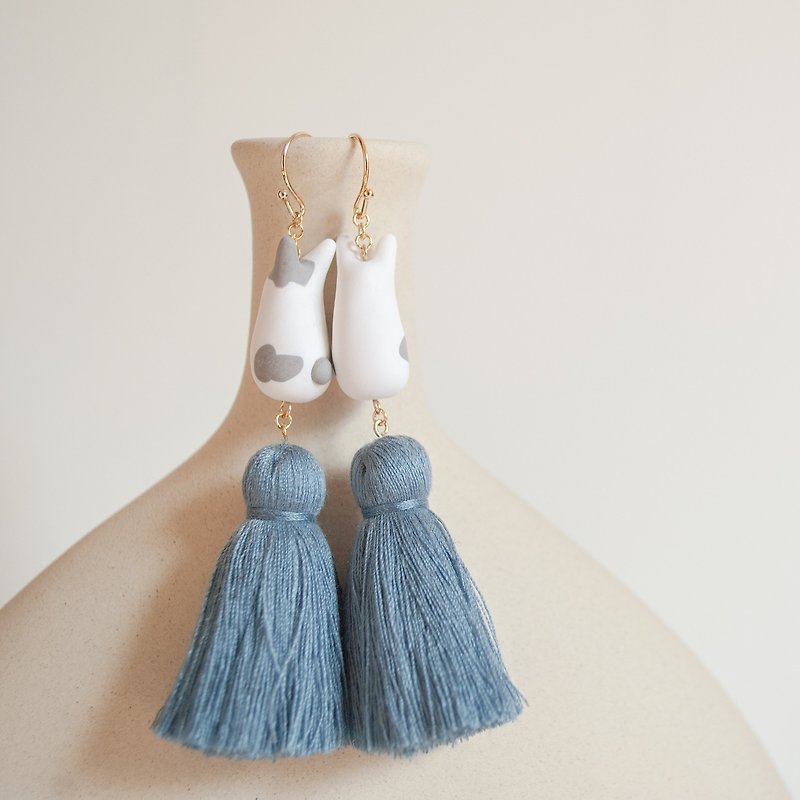 Teatime -  Gray-white rabbit with gray-blue tassels -  earrings - Earrings & Clip-ons - Other Materials 