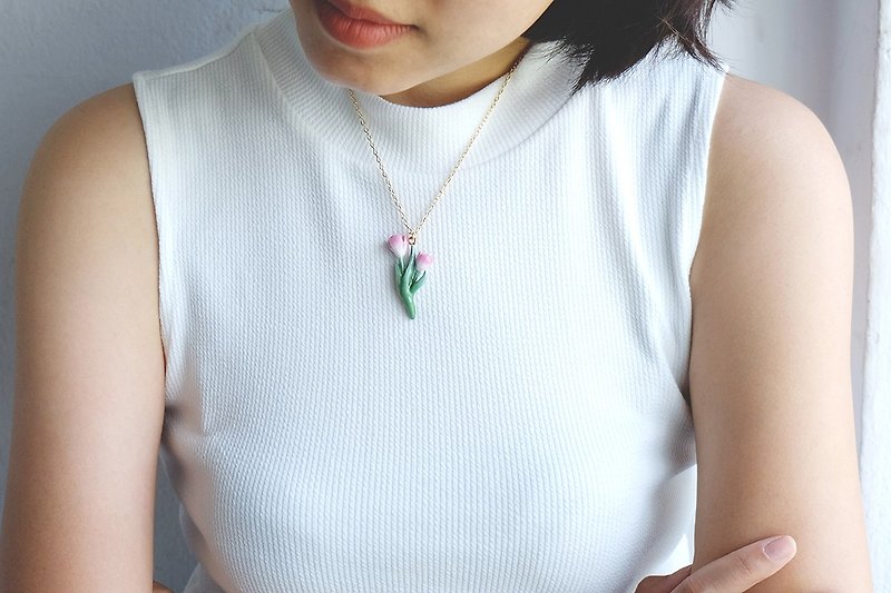 Tulip Pink Necklace , Flower Necklace - ネックレス - 金属 ピンク