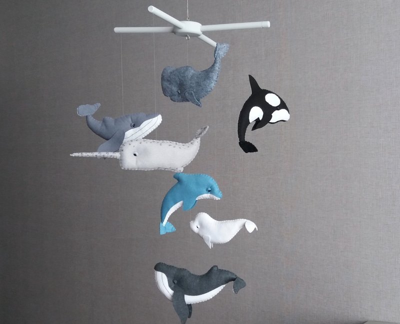 Whale mobile, Baby mobile,Ocean mobile, Sea ocean nursery, Nautical nursery - 彌月禮盒 - 其他材質 灰色