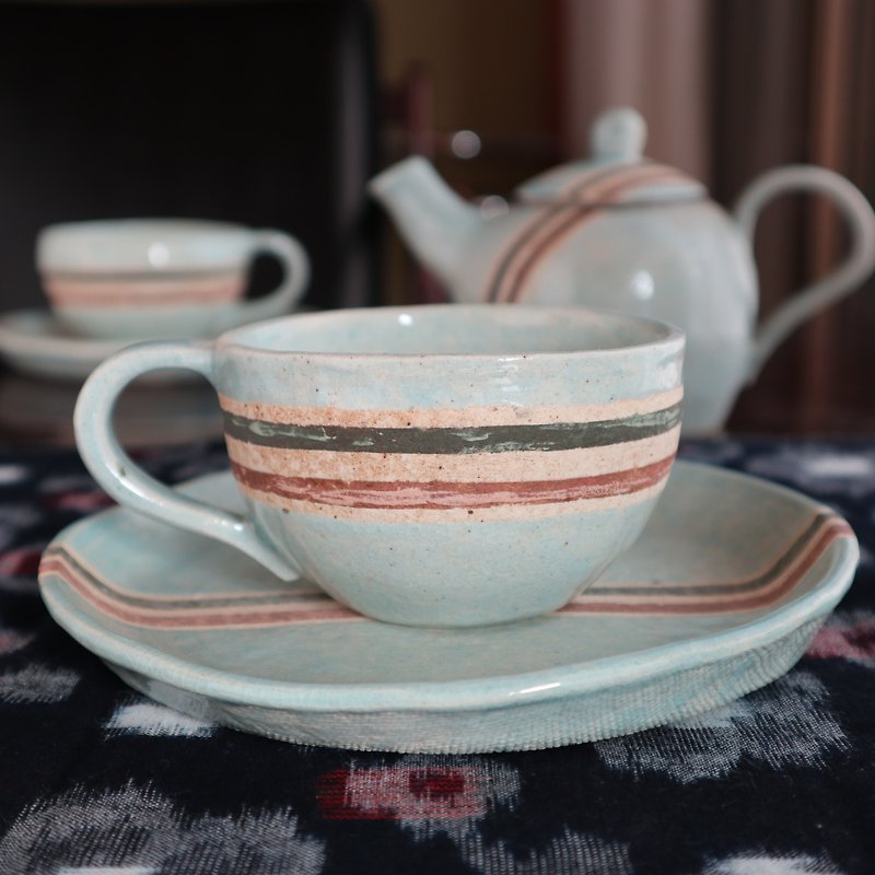 Japanese handmade pottery tea cup set with line design sky color pottery artist - Mugs - Pottery 