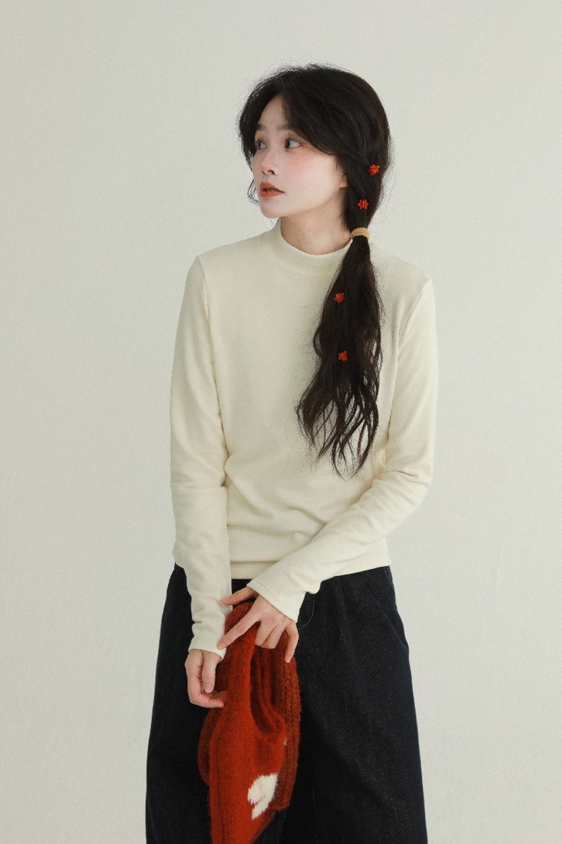 5 colors plus velvet half turtleneck top autumn and winter simple solid color slim warm inner wear shirt - Women's Tops - Polyester White