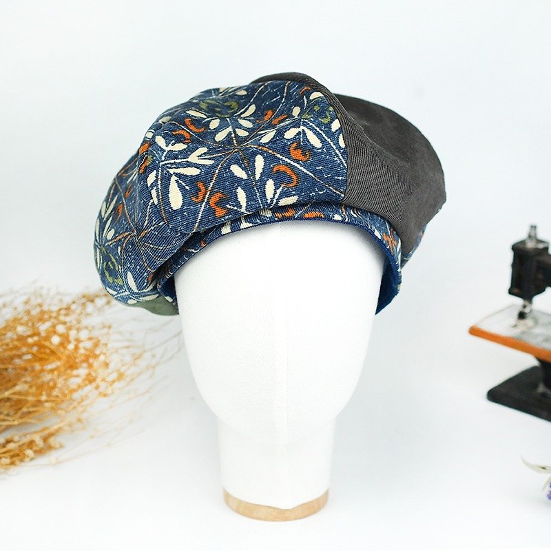 小牛村 手工貝雷帽 貝蕾帽 畫家帽 燈芯絨【白藤枝蔓】B-09 - 帽子 - 棉．麻 藍色