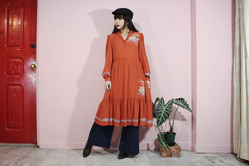 [Vintage洋裝](日本製)橘色獨特帆船圖樣布花設計長袖日本古著洋裝 - 連身裙 - 聚酯纖維 橘色