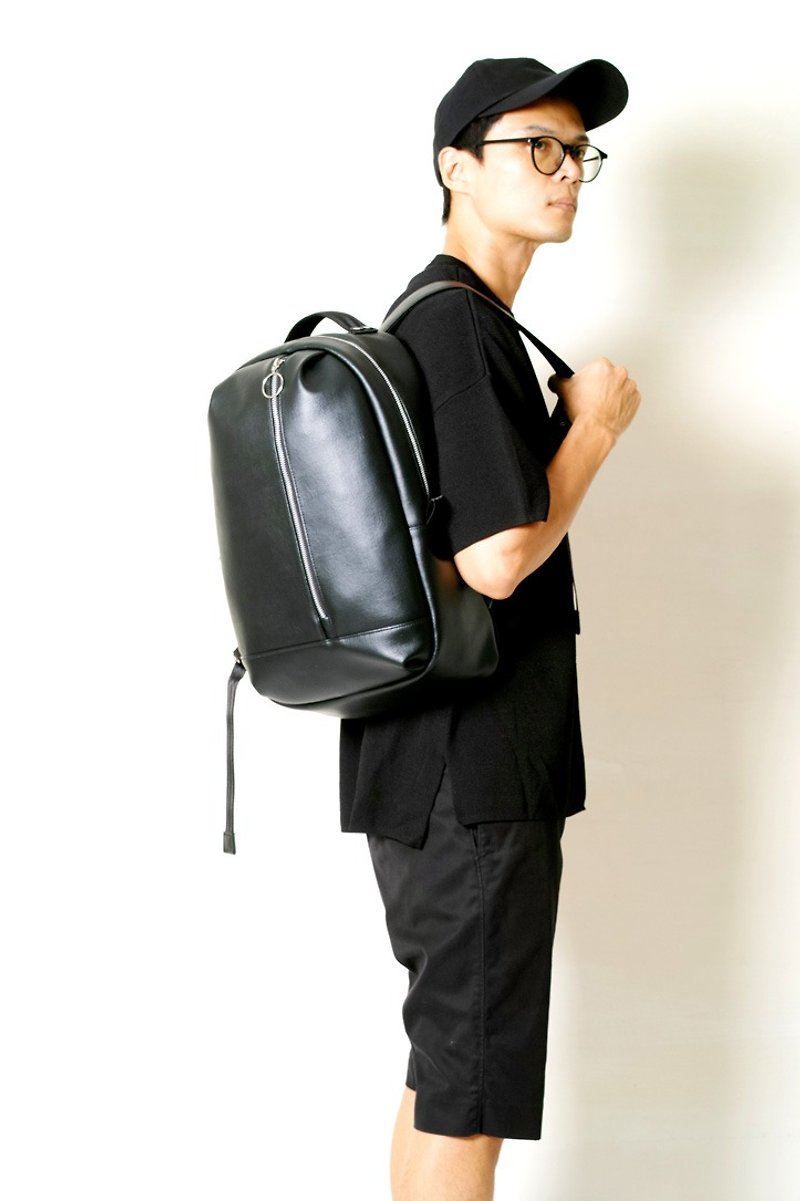 BLACK x BLACK-Hand made waterproof artificial leather back/notebook bag - Backpacks - Faux Leather Black