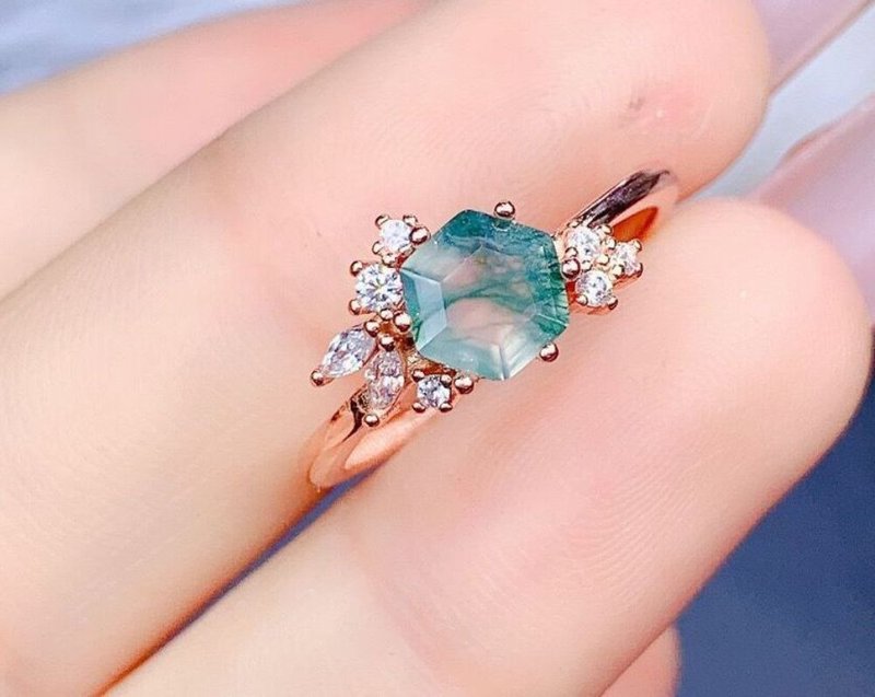 Hexagon Moss Agate Rring, Green Moss Agate Ring, Natural Moss Agate Ring - 戒指 - 其他金屬 綠色