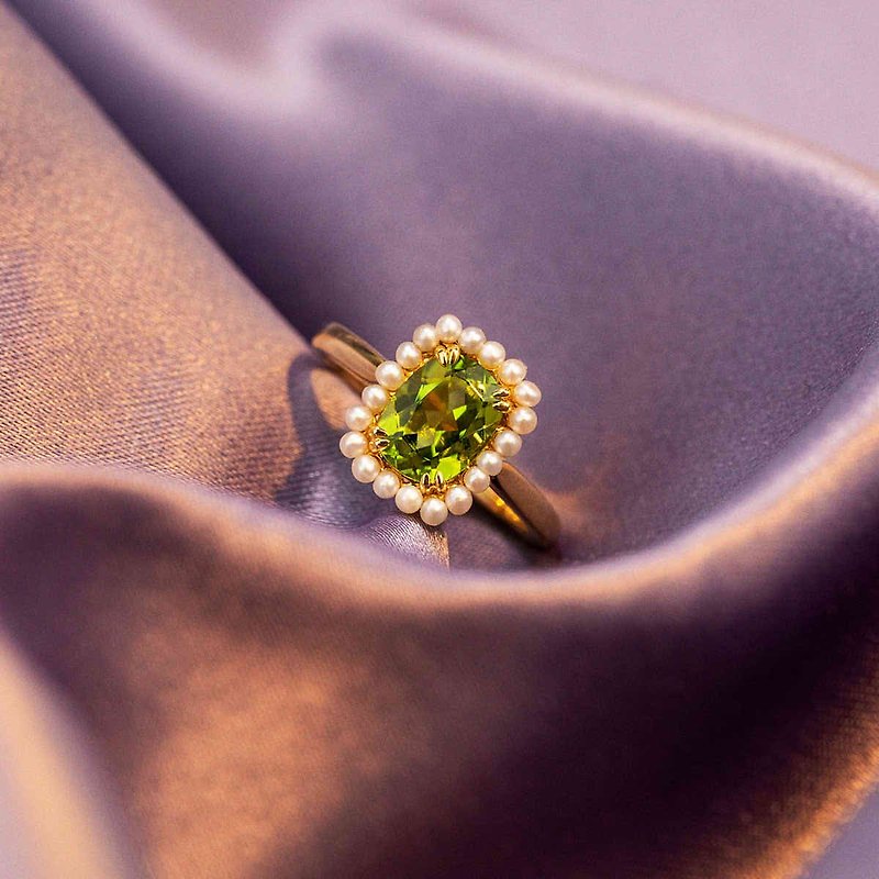 Gemstone General Rings Green - 【PurpleMay Jewellery】 18k Solid Gold Peridot Pearl Halo Ring - R183