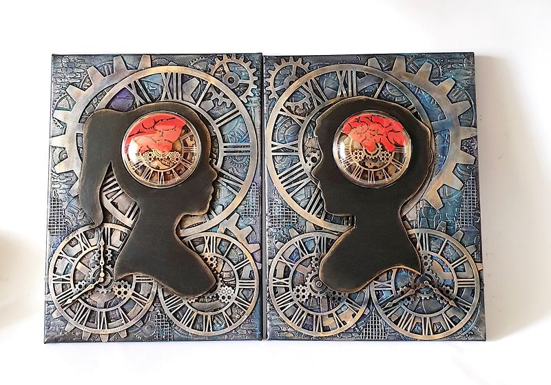 Exclusive steampunk handmade on canvas, set of 2 steampunk 3D wall pictures, ste - Wall Décor - Wood 