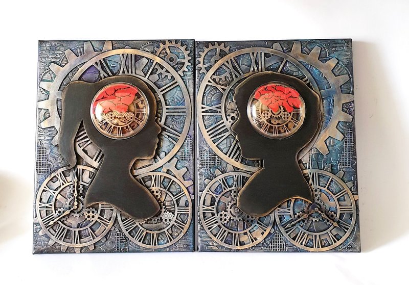 Exclusive steampunk handmade on canvas, set of 2 steampunk 3D wall pictures, ste - Wall Décor - Wood 