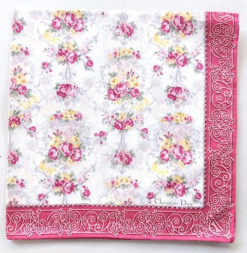 orangesodapanda Christian Dior Vintage Handkerchief Floral Pink Roses 20.5 x 20.5 inches