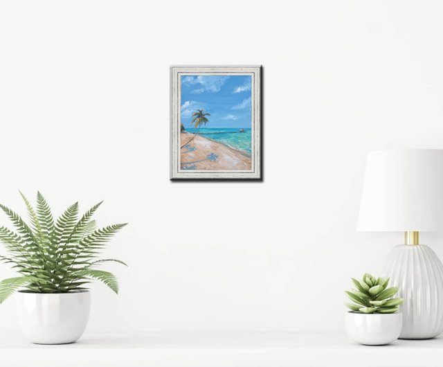 海の絵原画風景夏威夷ビーチ、原画、手描きアート油絵